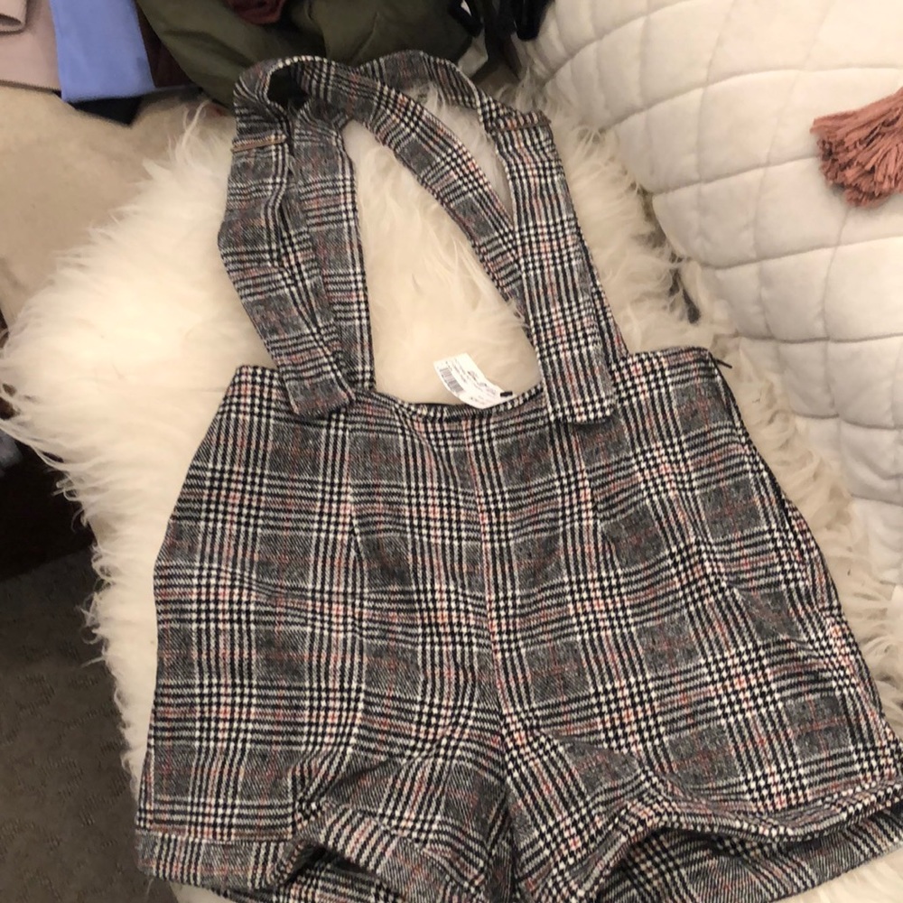 Plaid overall shorts